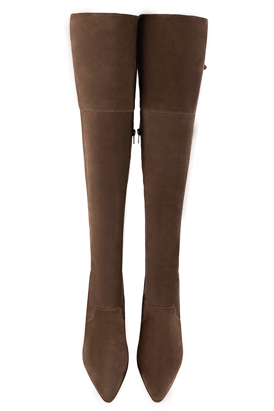 Chocolate brown women's leather thigh-high boots. Tapered toe. Very high slim heel with a platform at the front. Made to measure. Top view - Florence KOOIJMAN